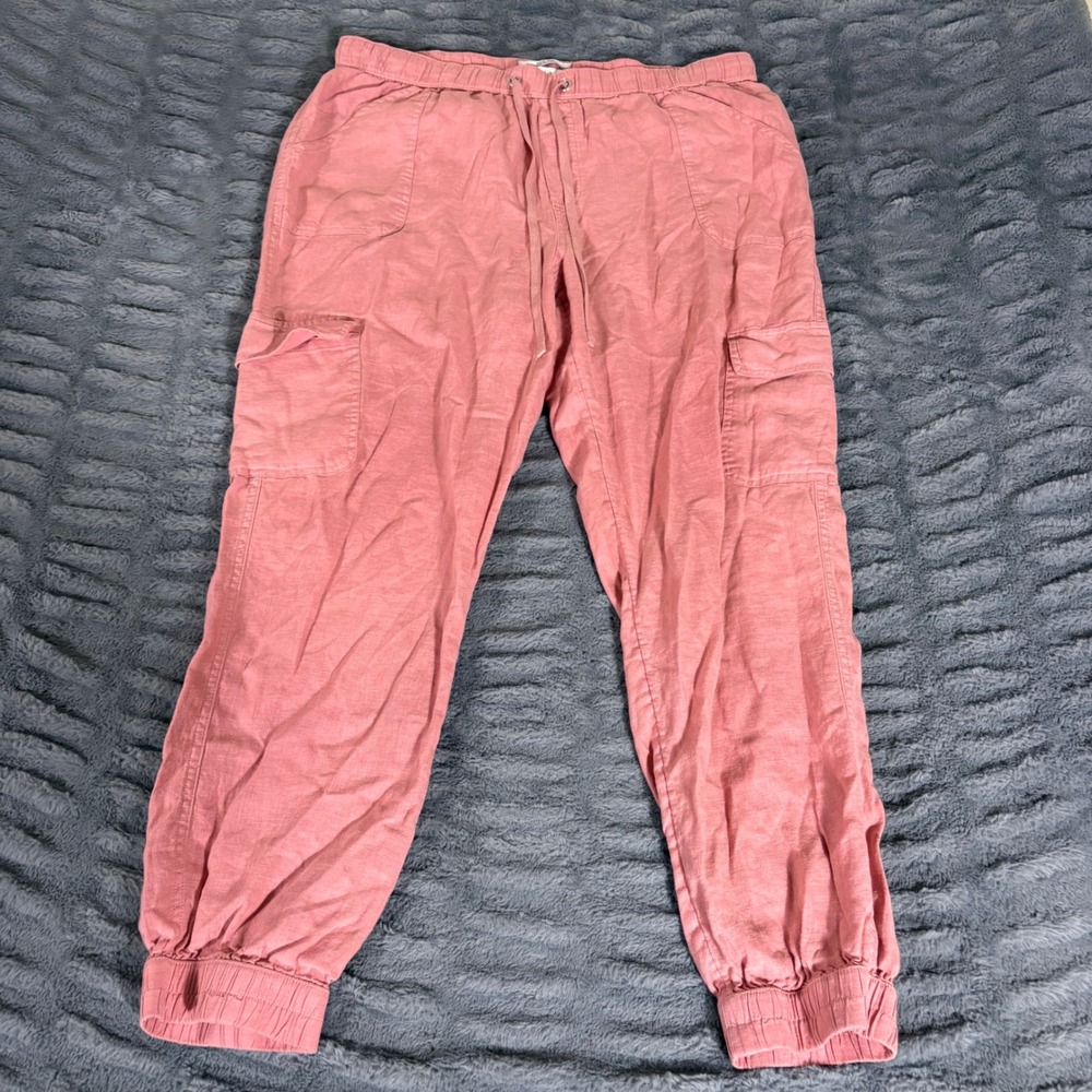 Nicole Miller‎ New York Pink 100% Linen Cargo Joggers Pants Womens XL AQ992